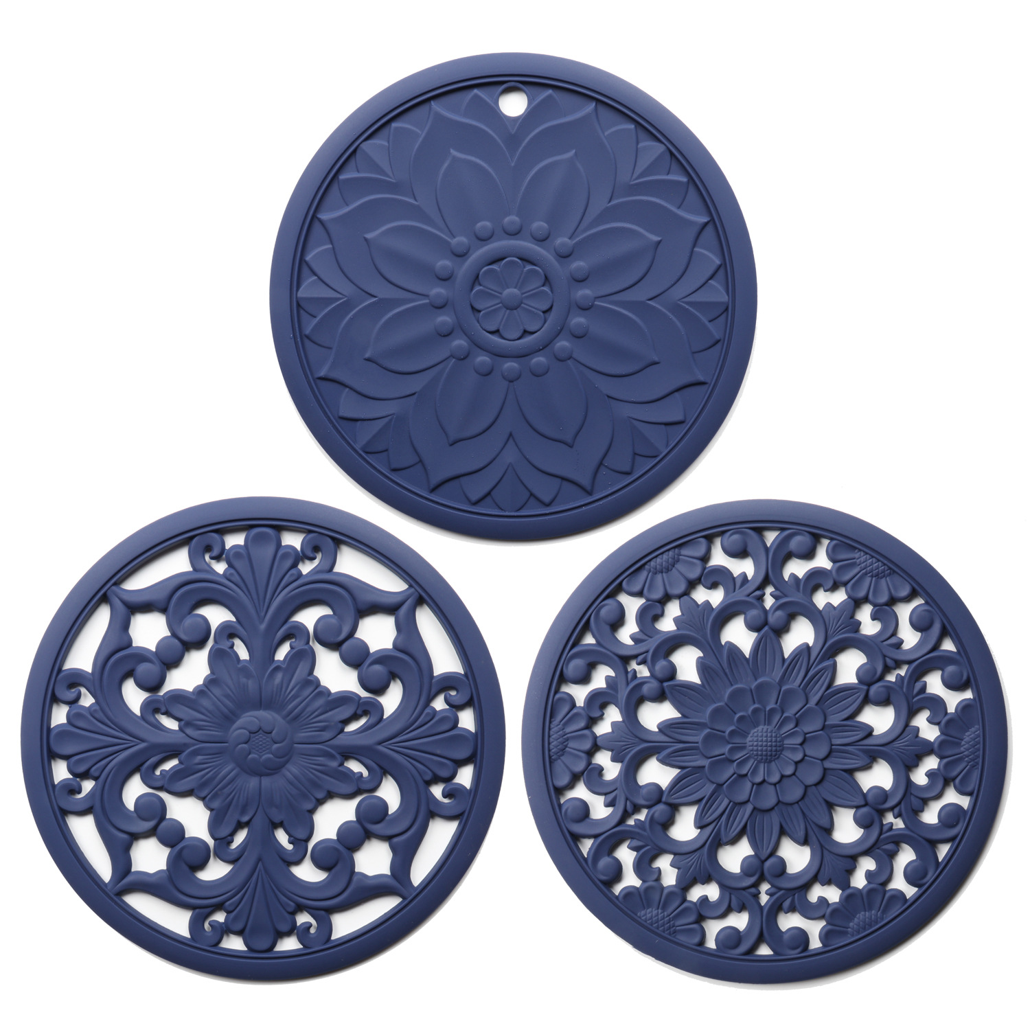 V888-ELOSUNG32340-202506111516-00 Elegant Floral Silicone Trivet Mat Set (3-Pack, Dark Blue) - Heat Resistant, Non-Slip Kitchen Hot Pads & Pot Holders - Image 1