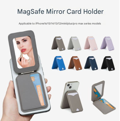V888-ELOSUNG32347-202506101845-00 Grey Chic MagSafe Wallet with Mirror & Stand - PU Leather Card Holder for iPhone 12-16 Series - Image 1