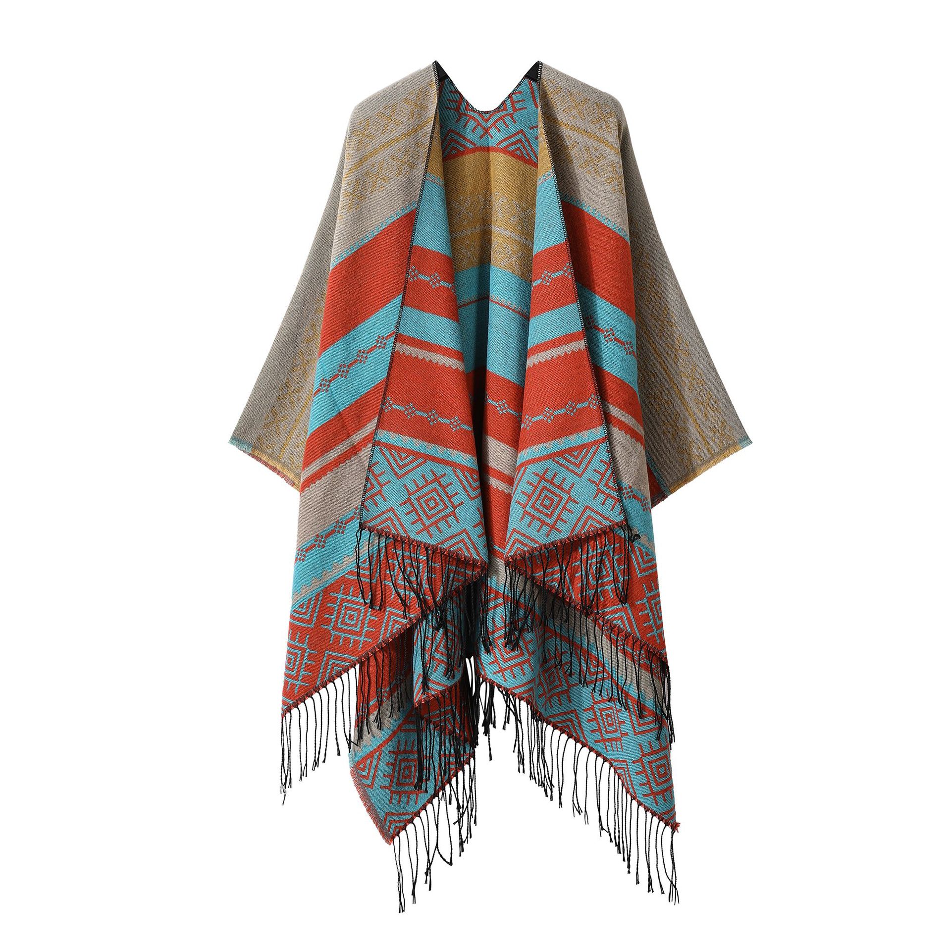 V888-ELOSUNG33014-202505261622-00 Blue Orange Palindrome Fringe Bohemian Fringe Shawl Cloak - 160 x 135 cm Ethnic Inner Mongolia Style Double-Sided Scarf Cape - Image 1