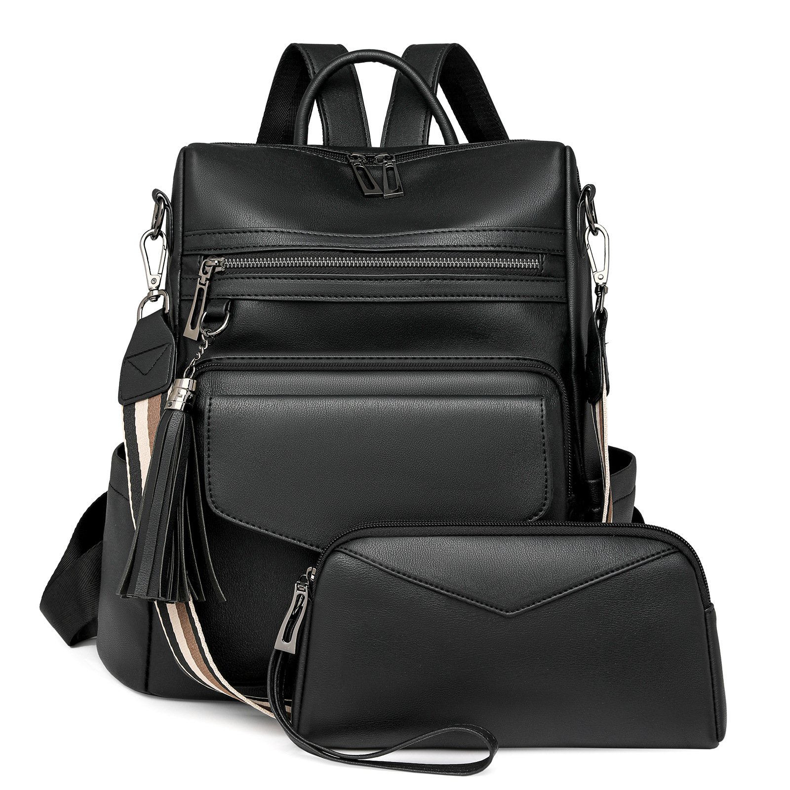 V888-ELOSUNG33082-202505281026-00 Black Women's Retro PU Leather Backpack - Dual-Color Tassel Design, Winter High-End Style - Image 1