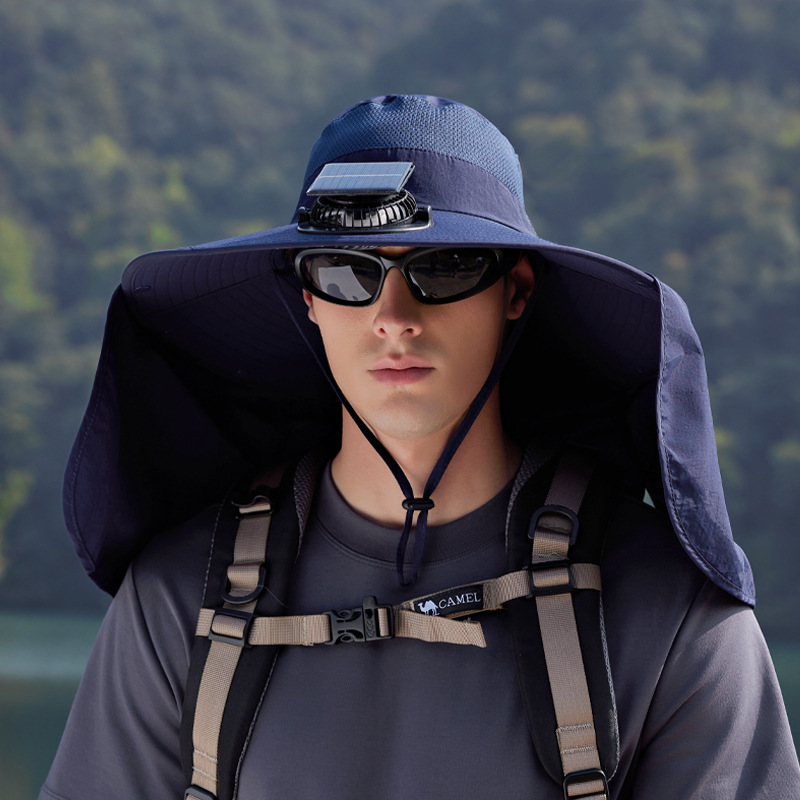 V888-ELOSUNG33096-202505281036-00 Navy Blue Outdoor Solar Fan Sun Hat - Large Brim Fishing Hiking Hat with Neck Cape - Image 1