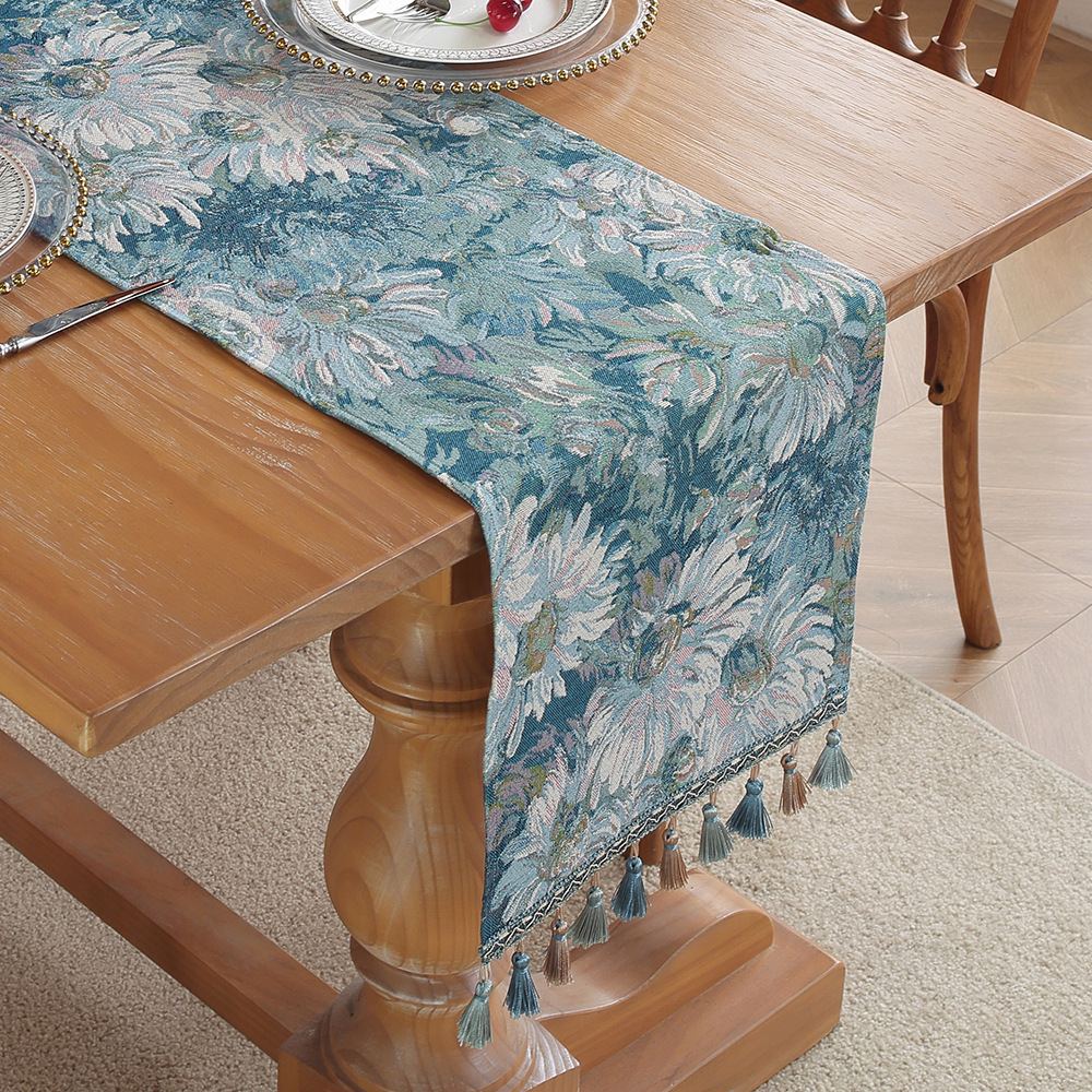 V888-ELOSUNG33103-202505281040-00 Ink Flower American Retro Jacquard Embroidered Table Runner - Light Luxury Table Mat 30cm x 180cm with Tassels - Image 1