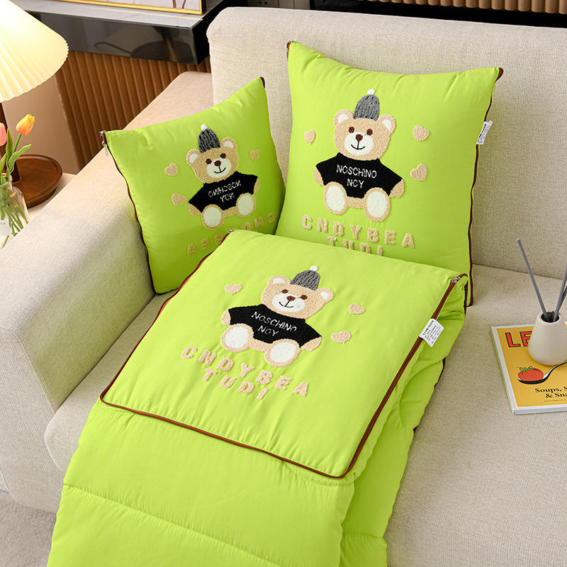 V888-ELOSUNG33179-202506061516-00 Green Cap Bear 2-in-1 Foldable Car Pillow Blanket - Cozy 40x40cm Pillow, Unfolds to 100x150cm Blanket for Travel and Office Naps - Image 1
