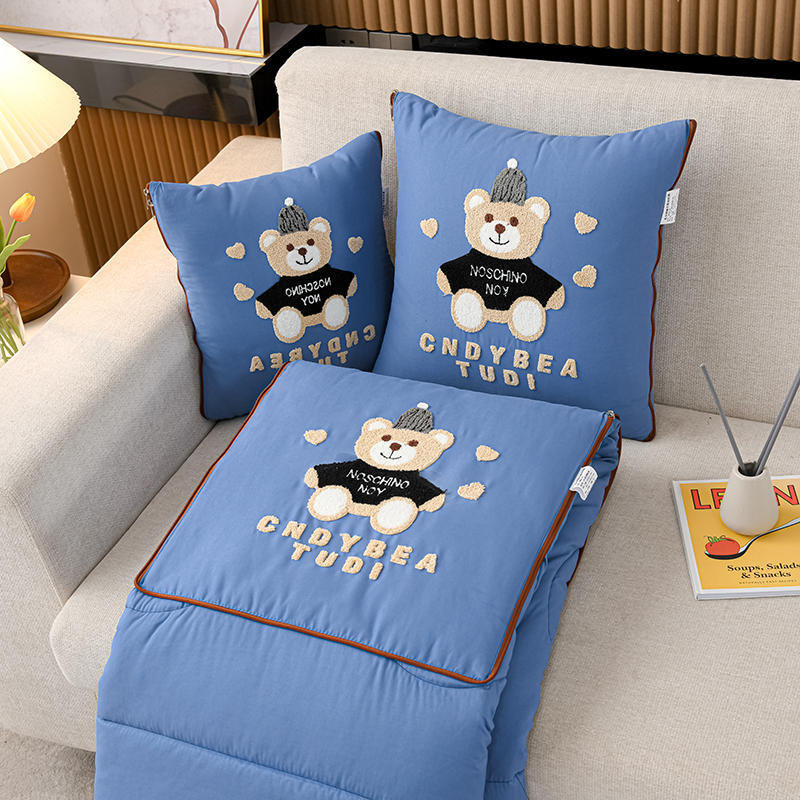 V888-ELOSUNG33180-202506061516-00 Blue Cap Bear 2-in-1 Foldable Car Pillow Blanket - Cozy 40x40cm Pillow, Unfolds to 100x150cm Blanket for Travel and Office Naps - Image 1