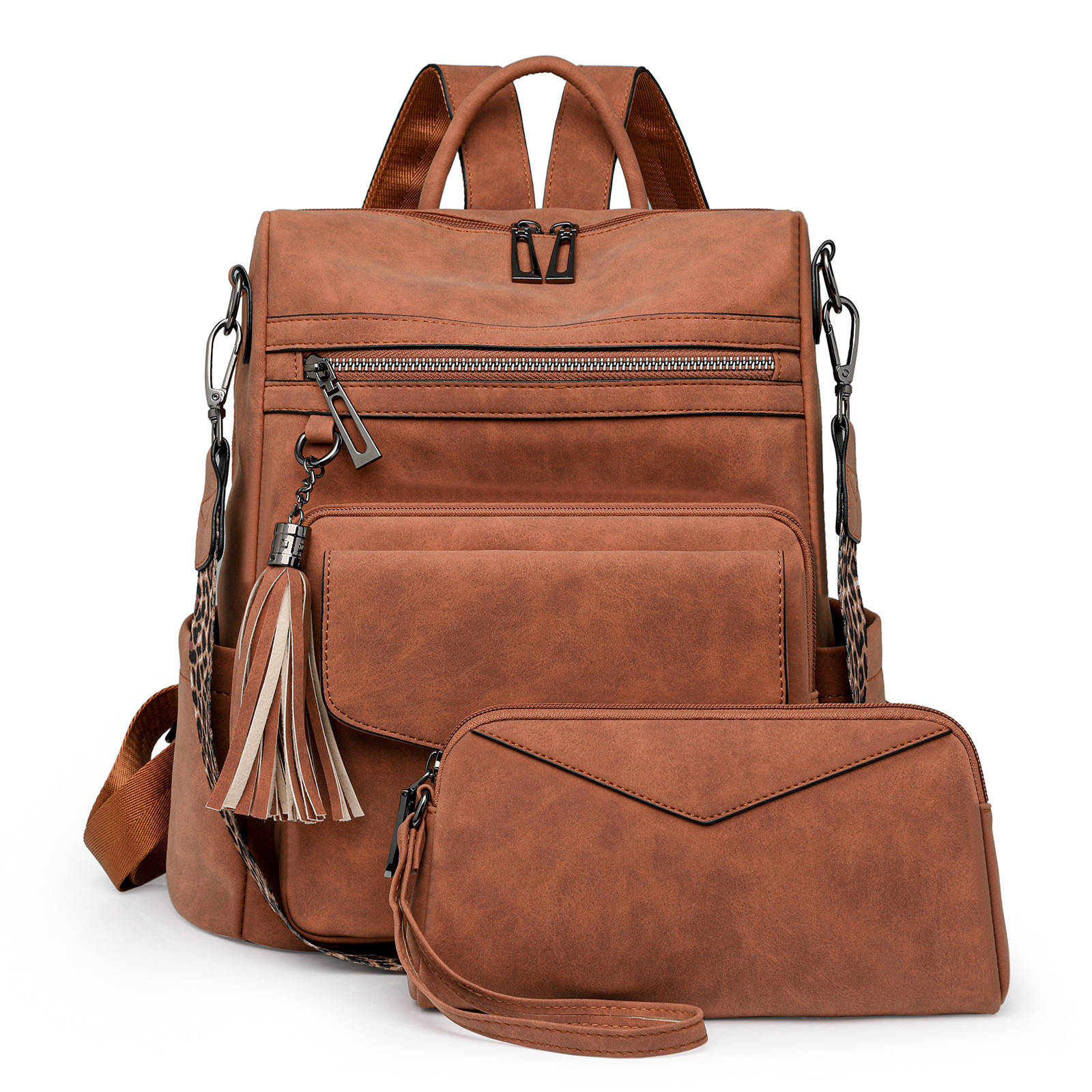 V888-ELOSUNG33186-202506061516-00 Sheepskin Brown Women's Retro PU Leather Backpack - Dual-Color Tassel Design, Winter High-End Style - Image 1