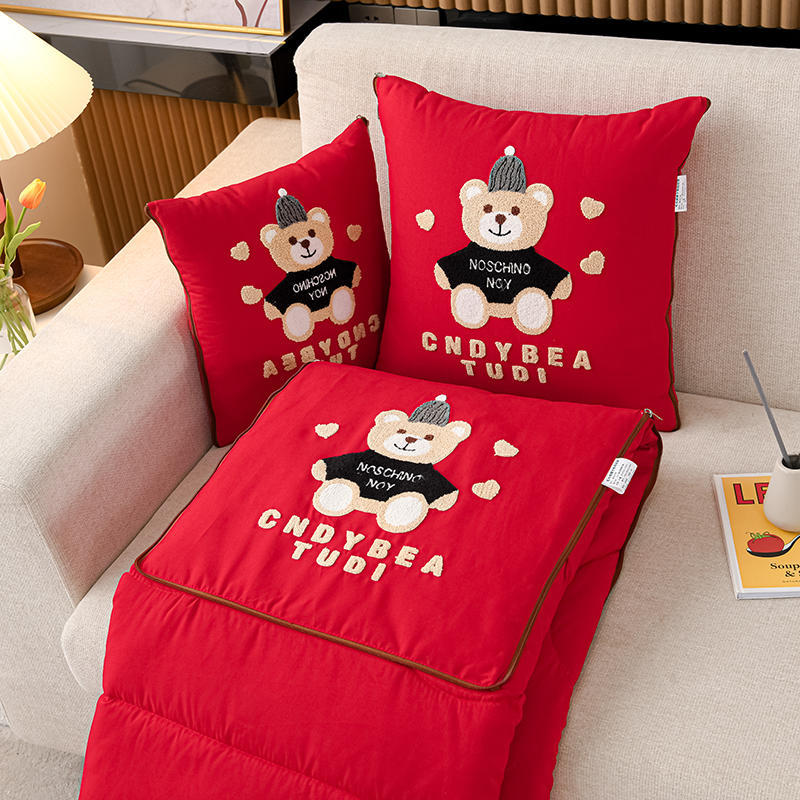 V888-ELOSUNG33212-202506091616-00 Red Cap Bear 2-in-1 Foldable Car Pillow Blanket - Cozy 40x40cm Pillow, Unfolds to 100x150cm Blanket for Travel and Office Naps - Image 1