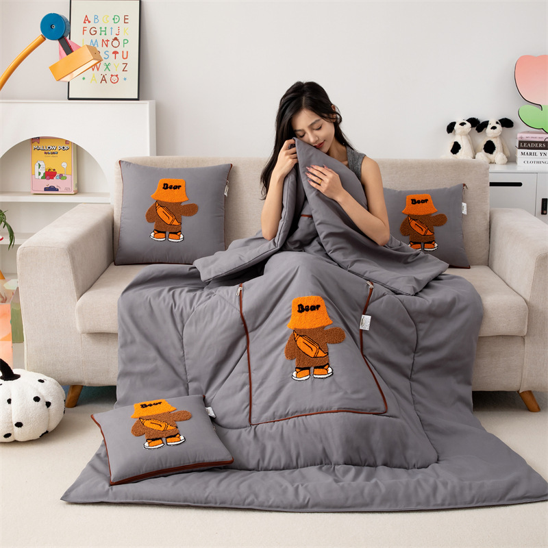 V888-ELOSUNG33215-202506091616-00 Grey Fashion Bear 2-in-1 Foldable Car Pillow Blanket - Cozy 40x40cm Pillow, Unfolds to 100x150cm Blanket for Travel and Office Naps - Image 1