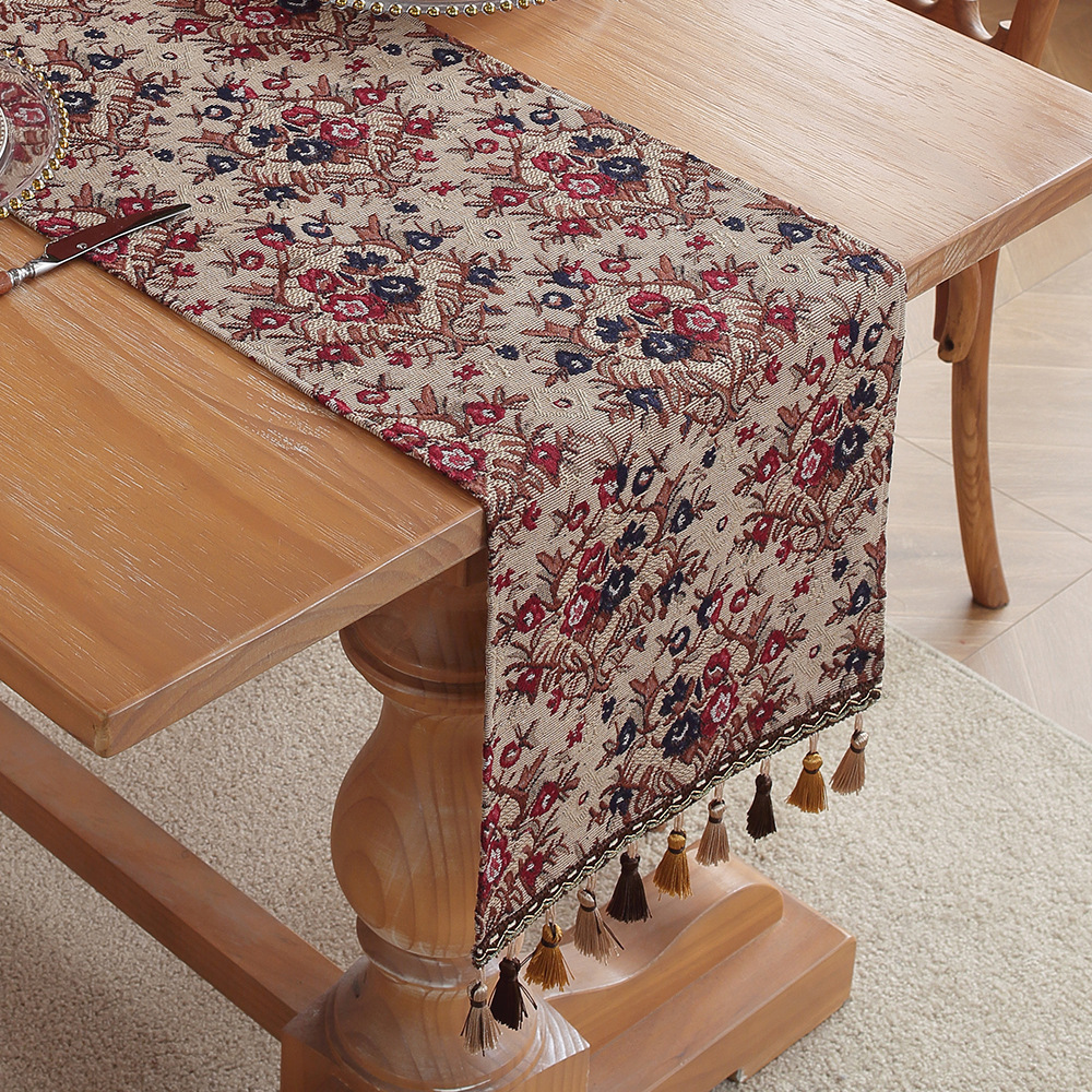 V888-ELOSUNG33242-202506111530-00 Jacquard Plum American Retro Jacquard Embroidered Table Runner - Light Luxury Table Mat 30cm x 180cm with Tassels - Image 1