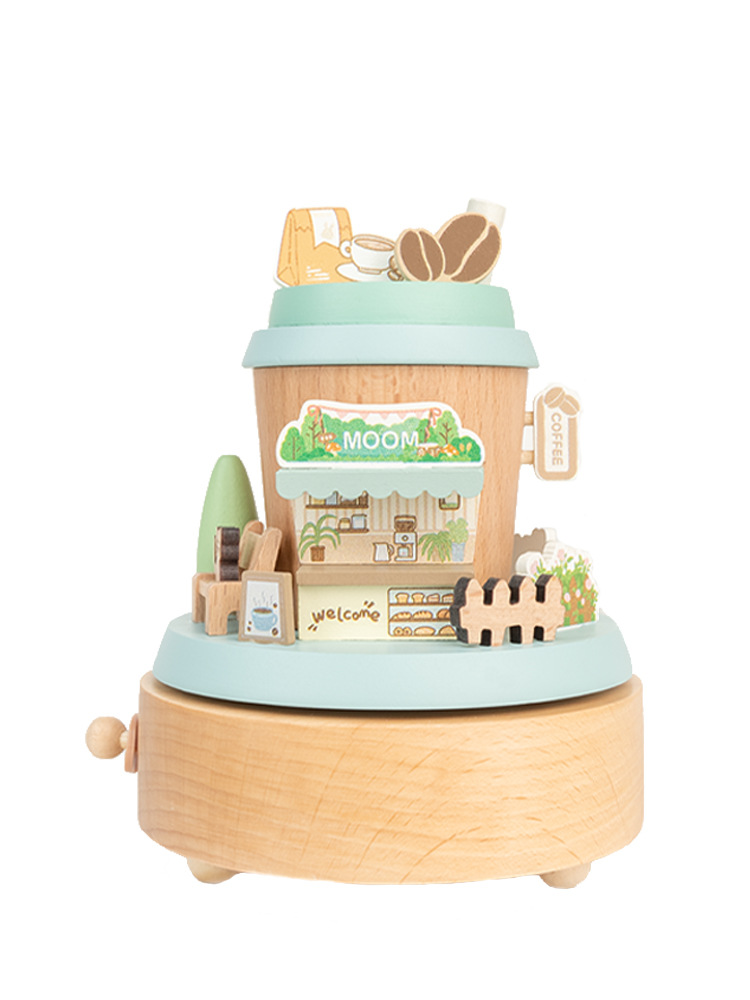 V888-ELOSUNG33264-202506111538-00 MAOMAO-Music Box (Coffee Moment) Handmade Wooden Ferris Wheel Music Box - Christmas Carousel Hand-Cranked Desktop Decoration - Image 1