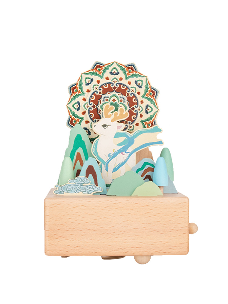 V888-ELOSUNG33265-202506111540-00 MAOMAO-Music Box (nine-colored deer of mythology) Handmade Wooden Ferris Wheel Music Box - Christmas Carousel Hand-Cranked Desktop Decoration - Image 1