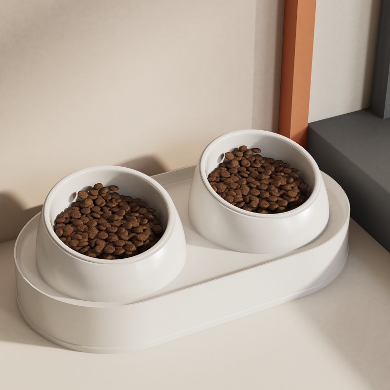 V888-ELOSUNG948-200107-00 Cat slanted mouth bowl ceramic double bowl white 40 * 22 * 12CM - Image 1