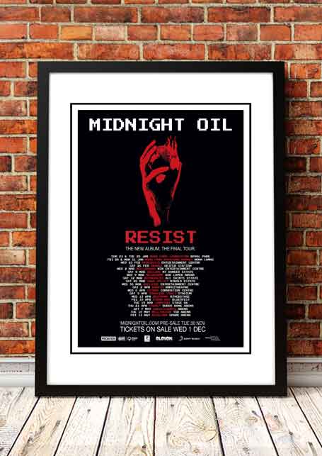 V967-A30442-A4-223735-00 Midnight Oil 'Resist' Tour Poster 2022- Framed A4 - Image 1