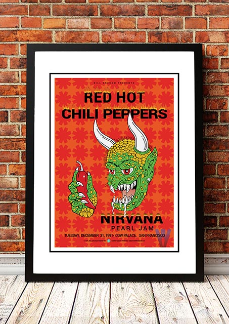 V967-SS0465-A3-202504150931-00 Red Hot Chili Peppers / Nirvana / Pearl Jam ‘Cow Palace’ USA Concert Poster 1991 - Framed A5 - Image 1