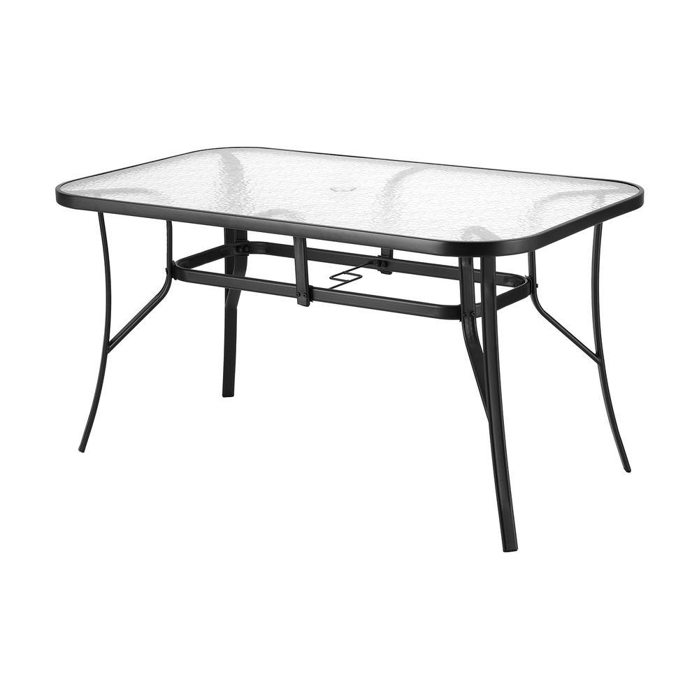 ODF-DINTB-140-202506191530-00 Gardeon 140CM Outdoor Dining Table Steel Frame Tempered Glass Parasol Hole Black - Image 1