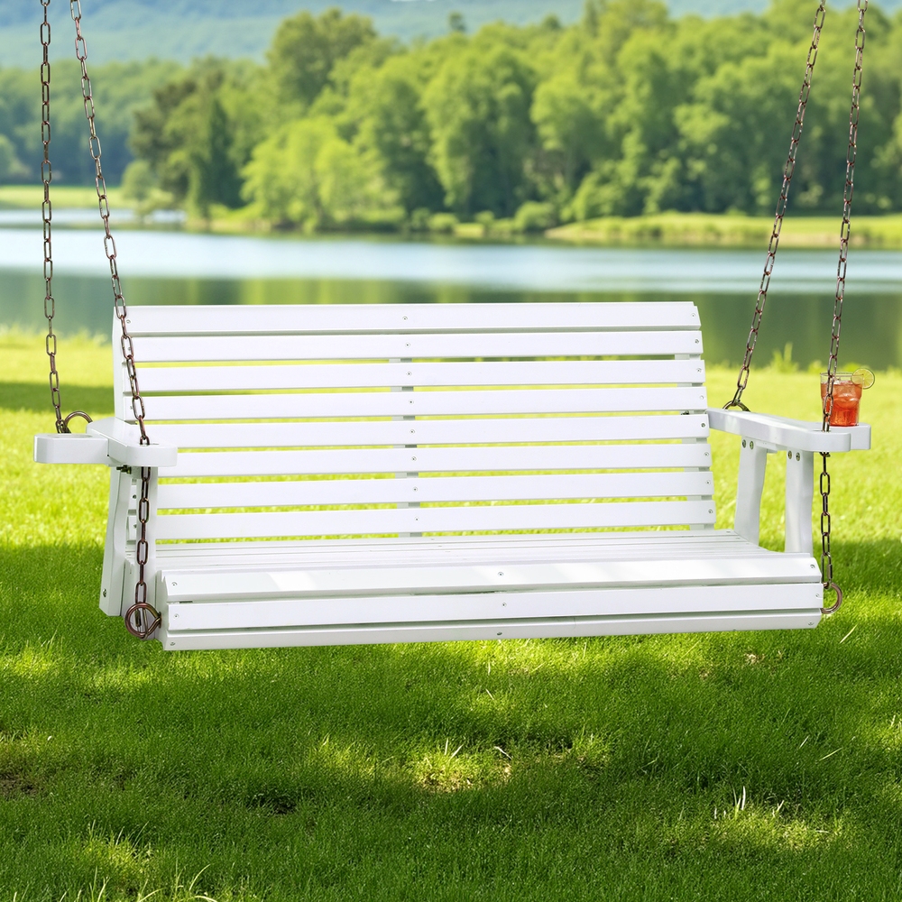ODS-W2S-CUP-WH-202509171438-00 Gardeon Porch Outdoor Swing Chair With Cup Holder Wooden Furniture 2 Seater - Image 1