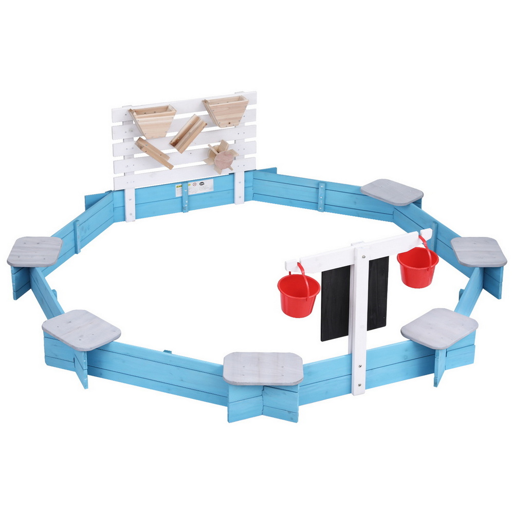 SAND-OCTA-FUNNEL-202508181512-00 Keezi Kids Sandpit Wooden Round Sand Pit with Cover Funnel Bench Seat Beach Toys 215cm - Image 1