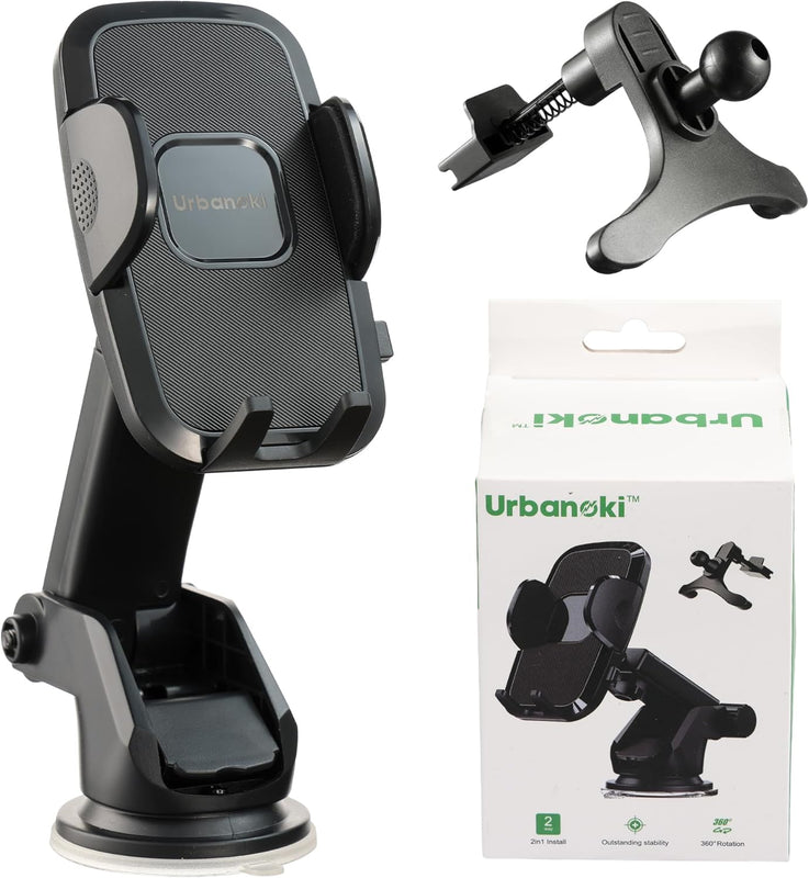 V1003-URN-CPH-SBS008-BLK-202507211325-00 Urbanoki 4 in 1 Car Phone Holder Dashboard Windshield Vent Mount for All Phones - Black - Image 1