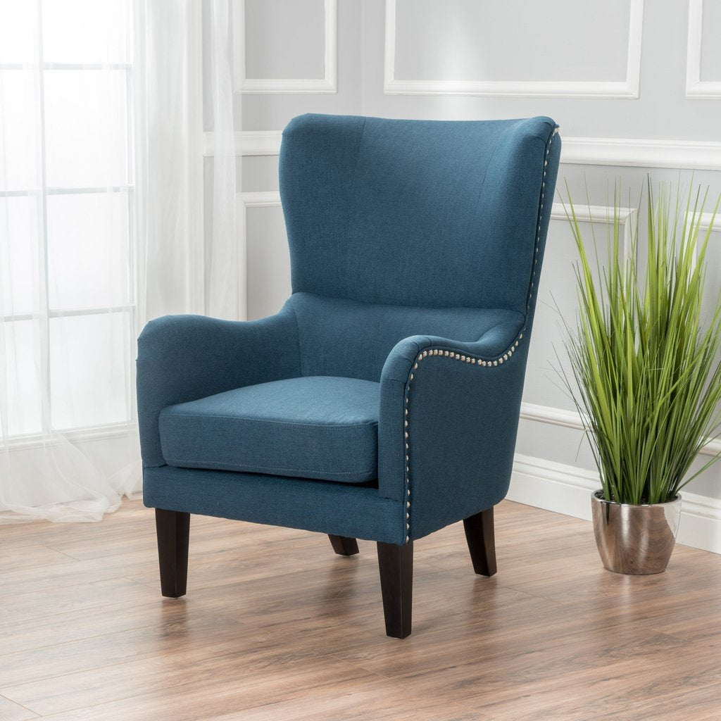 V1041-JLC-1081DARKBLUE-202507151112-00 Vintage Dark Blue Fabric High Back Padded Armchair - Image 1