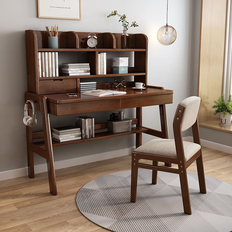 V1057-DM6283-120CM-202507180936-00 Ave Solid Wood Study Desk with Shelf and Drawers/Bookcase/Rubberwood/Walnut - Image 1
