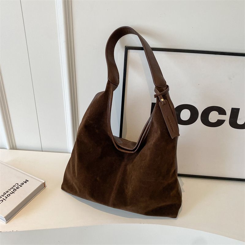 V1107-LEATHERHOBOBAGS-COFFEE-202509301813-00 Leather Hobo Bags for Women Brown Purses Suede Purse Slouchy Tote Bag Suede Tote Bag Fall Winter Purses Handbag - Image 1