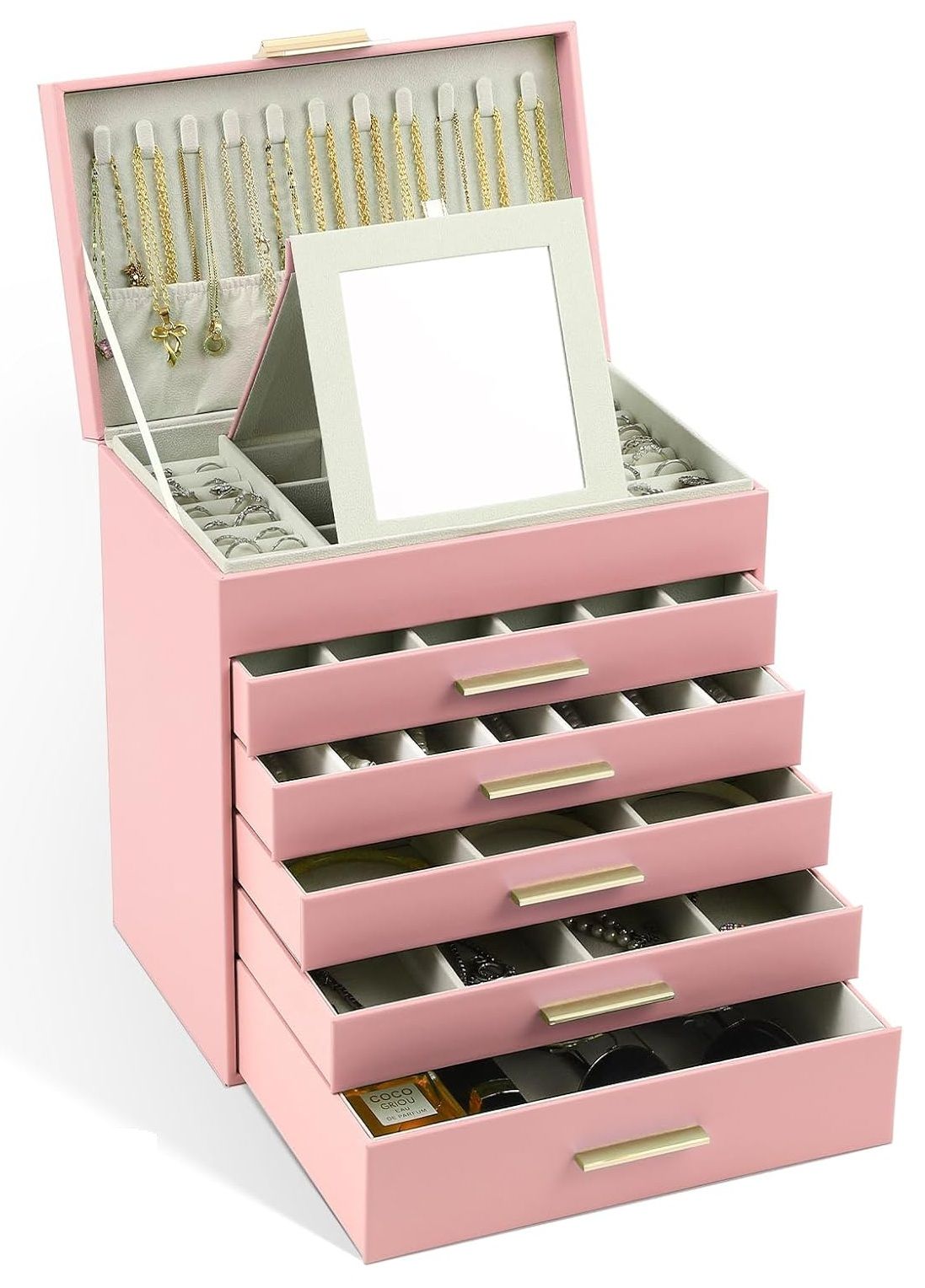V178-36230-202507301340-00 CARLA HOME 6-Layer Large Jewelry Organizer Box for Women with Mirror, Drawers, Hooks & Dividers for Rings, Necklaces, Bracelets, Ideal Gift for Women (Pink) - Image 1
