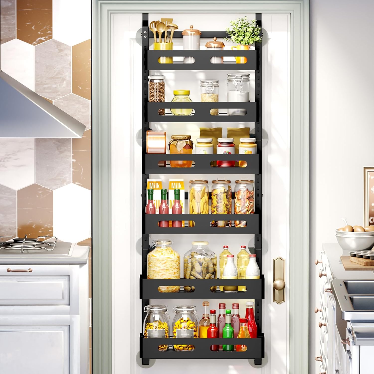 V178-36247-202507301340-00 CARLA HOME 6 Tier Over the Door Organizer with Adjustable Metal Pantry Storage Rack and Hanging Baskets for Kitchen and Bathroom - Image 1