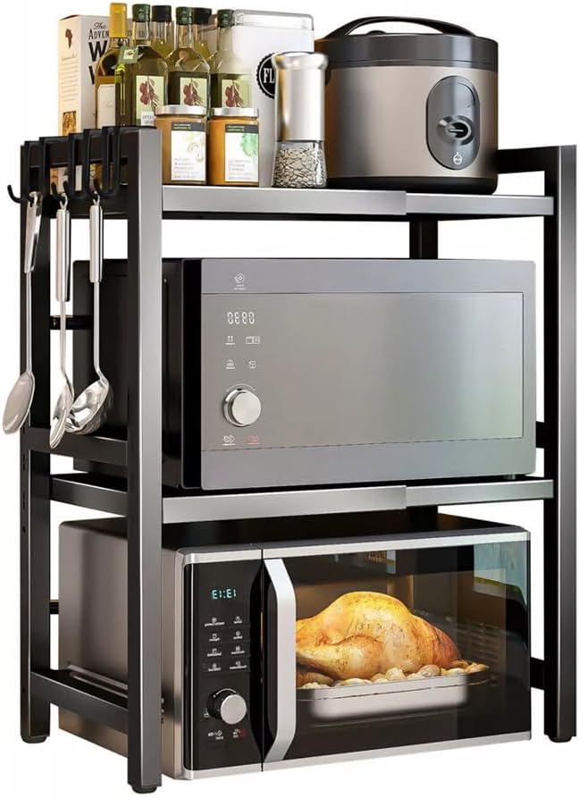 V178-36248-202507301410-00 CARLA HOME 3-Tier Microwave Oven Rack with Adjustable Metal Kitchen Shelf Stand for Countertop Storage and 6 Hooks for Utensils - Image 1