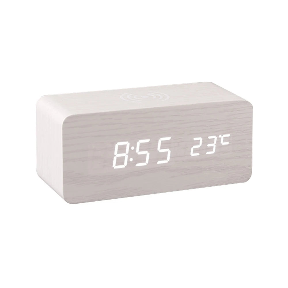 V178-62213-202508050905-00 LED Wooden Desk Clock with Qi Charger - Image 1