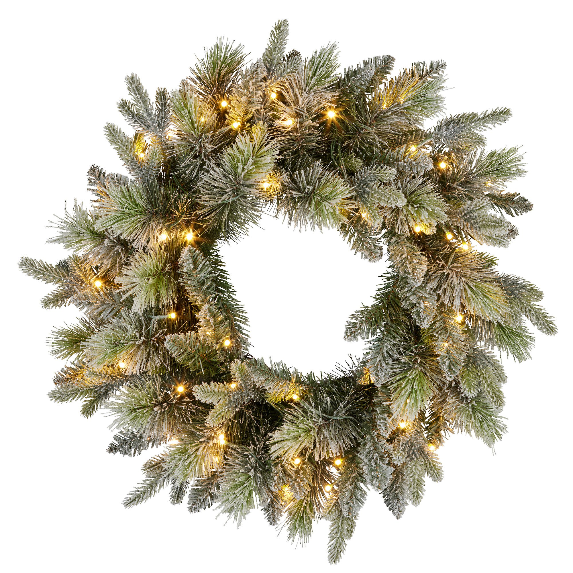V240-112_NATSS61-202509101025-00 National Tree Company 61cm Pre Lit Snowy Stamford Spruce Battery Operated Christmas Wreath w/LED Lights & Timer - Image 1