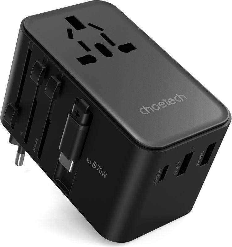 V28-ELECHOPD5022-202506190740-00 CHOETECH PD5022 70W EU/US/AUS/UK Travel Adapter with Built-in USB-C Cable - Black - Image 1