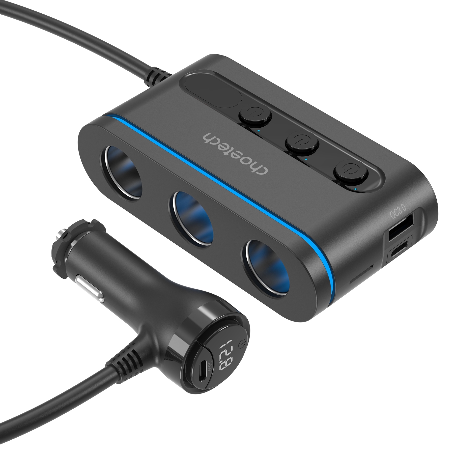 V28-ELECHOTC0021-202506190741-00 CHOETECH TC0021 3 Sockets 2C+1A Cigarette Lighter Splitter Black - Image 1