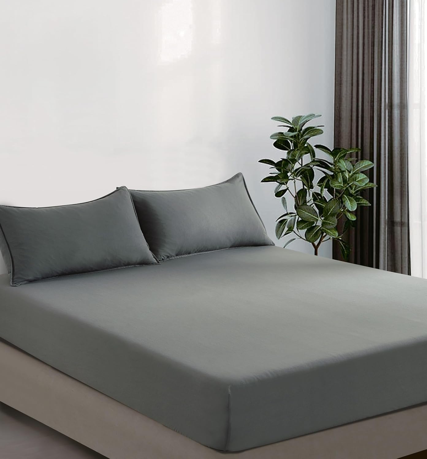V439-BFSGREYWM-202507150915-00 100% Vintage Washed Microfibre Fitted Sheet Set – Ultra Soft & Lightweight All-Season Fitted Sheet with 2 Pillowcases (Grey, Double Size) - Image 1