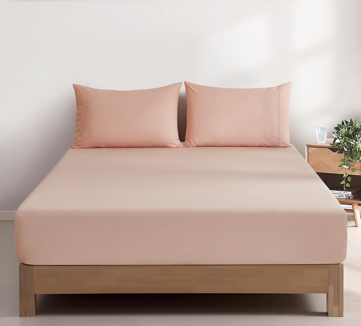 V439-CFSETWASHP-202507150925-00 100% Vintage Washed Cotton Fitted Sheet Combo Set – 100% Natural Cotton, Ultra Soft & Breathable – Includes Fitted Sheet & Pillowcases – Machine Washable (Pink, Queen) - Image 1