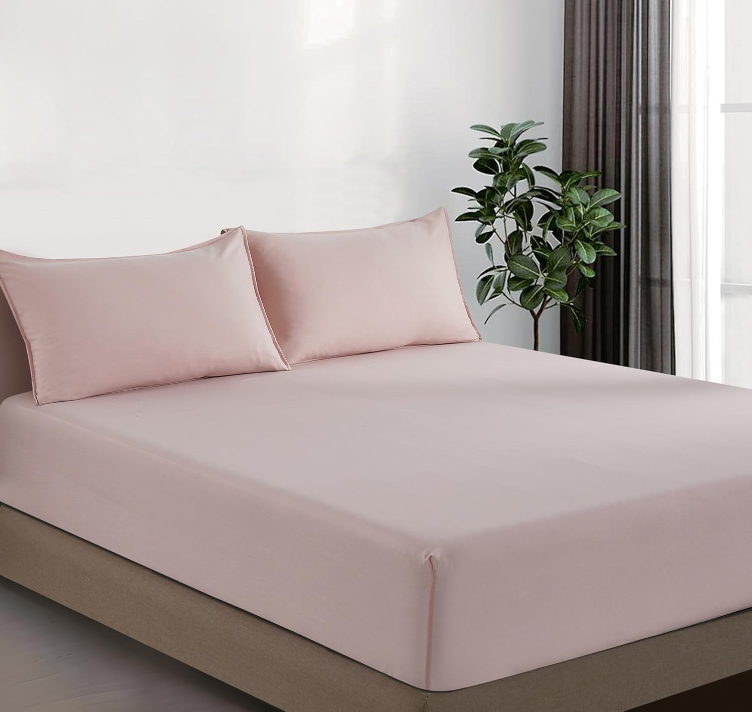 V439-CFSPNKWM-202507150916-00 100% Vintage Washed Microfibre Fitted Sheet Set – Ultra Soft & Lightweight All-Season Fitted Sheet with 2 Pillowcases (Pink, Queen Size) - Image 1