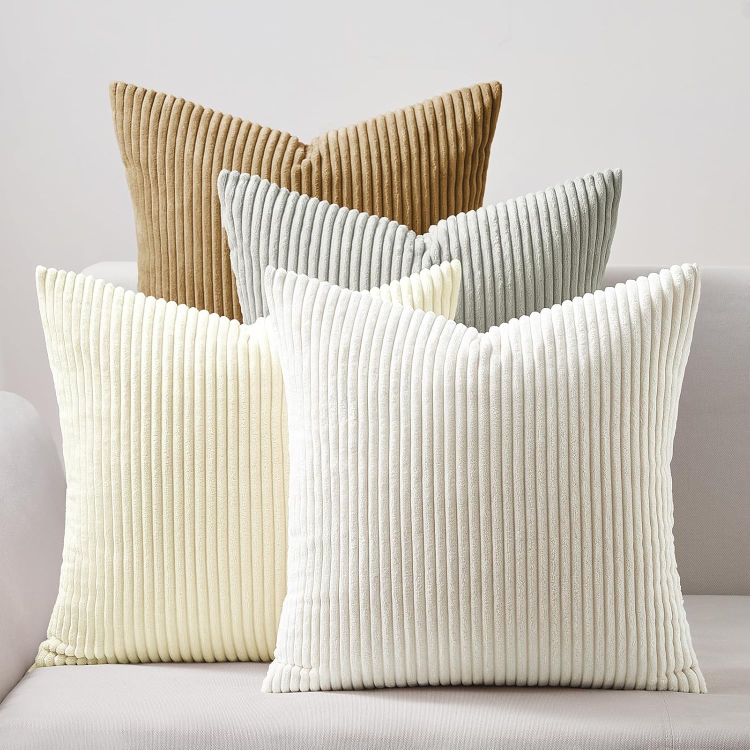 V439-CORDBEIGE4-45-202506190420-00 Corduroy Velvet Cushion Covers - Soft Velvet Fabric with Hidden Zipper - Stylish Mix of Beige Shades, 45cm x 45cm (Pack of 4) - Image 1