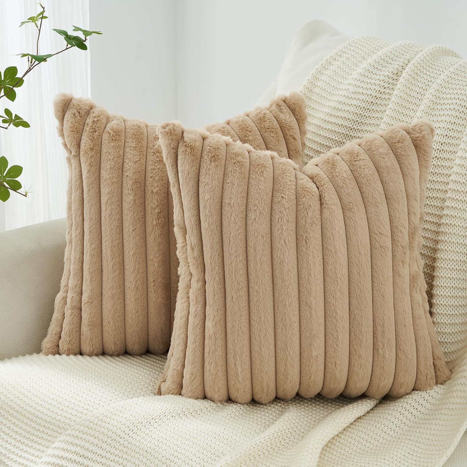 V439-FAUXNATURAL2-45-202506190416-00 Faux Fur Cushion Covers - Chunky Embossed Flannel with Hidden Zipper - Natural, 45cm x 45cm (Pack of 2) - Image 1