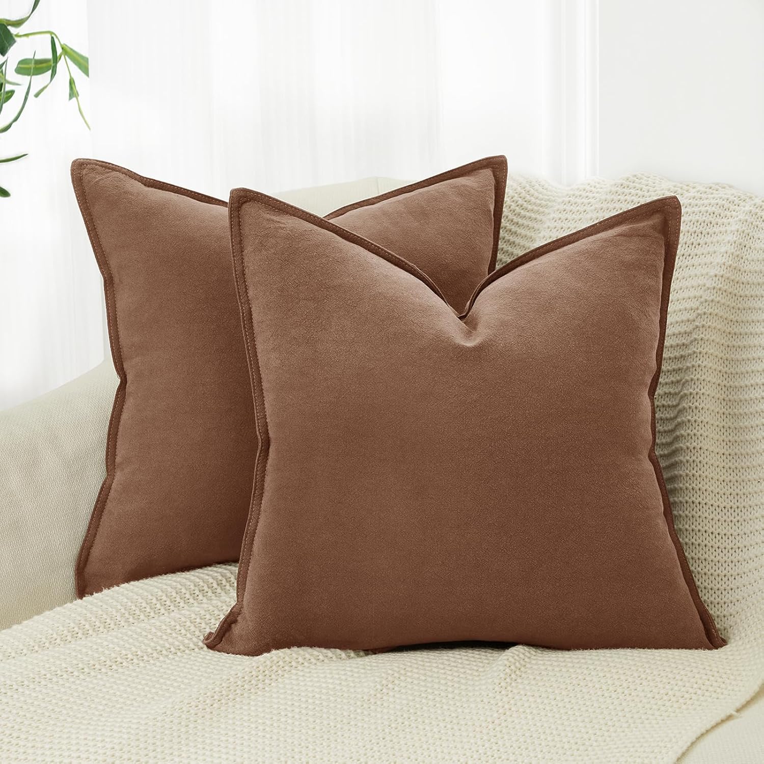 V439-LINENCOCOA2-45-202506190412-00 Linen Cushion Covers - 30% Linen 70% Cotton Blend, Soft & Breathable with Hidden Zipper Design - Cocoa Brown, 45cm x 45cm (Twin Pack) - Image 1
