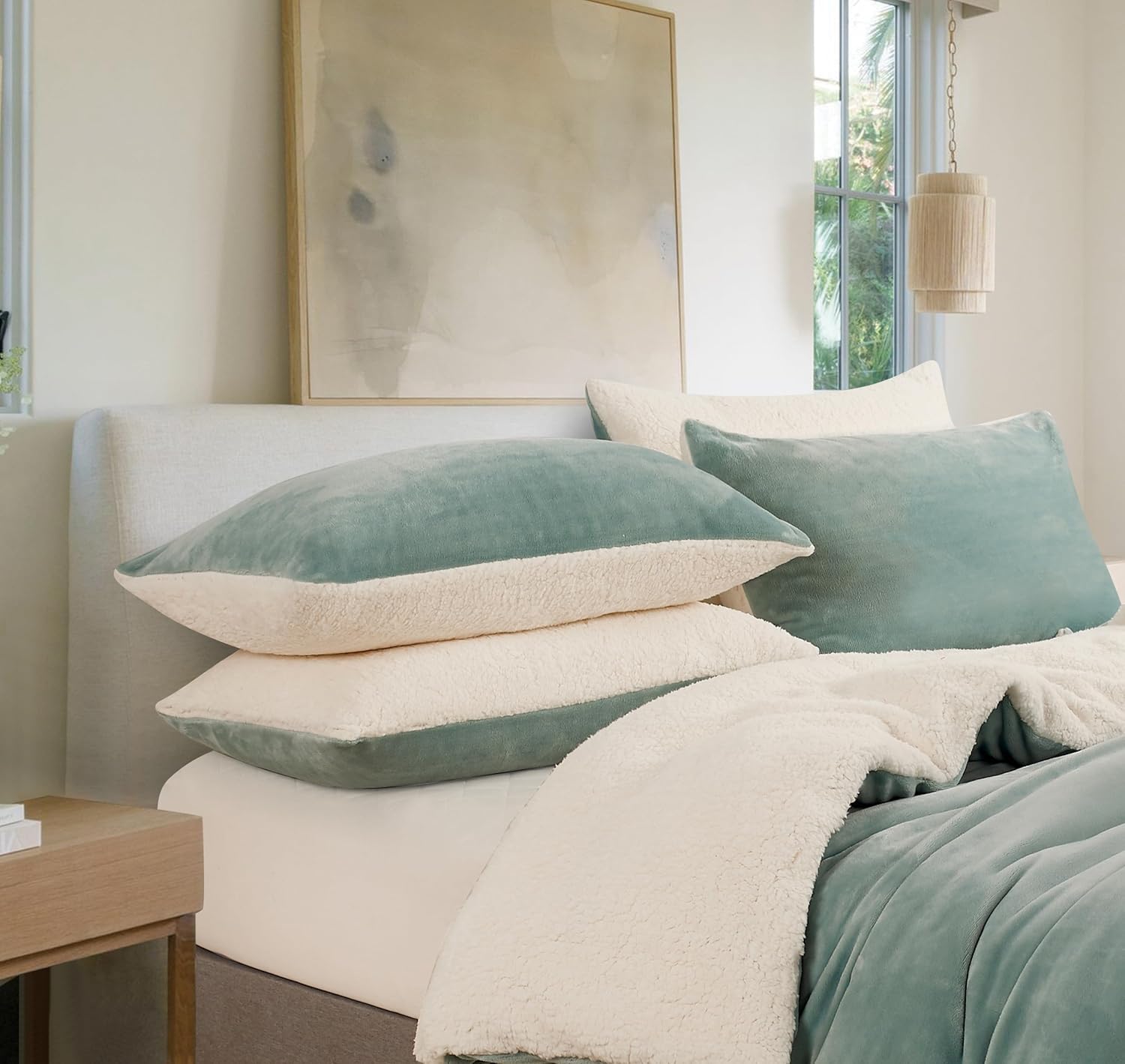 V439-SPSHERPASG-202506241228-00 Teddy Sherpa Twin-Pack Standard Pillowcases - Soft Reversible Velvet & Sherpa Cushion Covers - Machine Washable with Zipper Closure - 48x73cm - Sage Green - Image 1