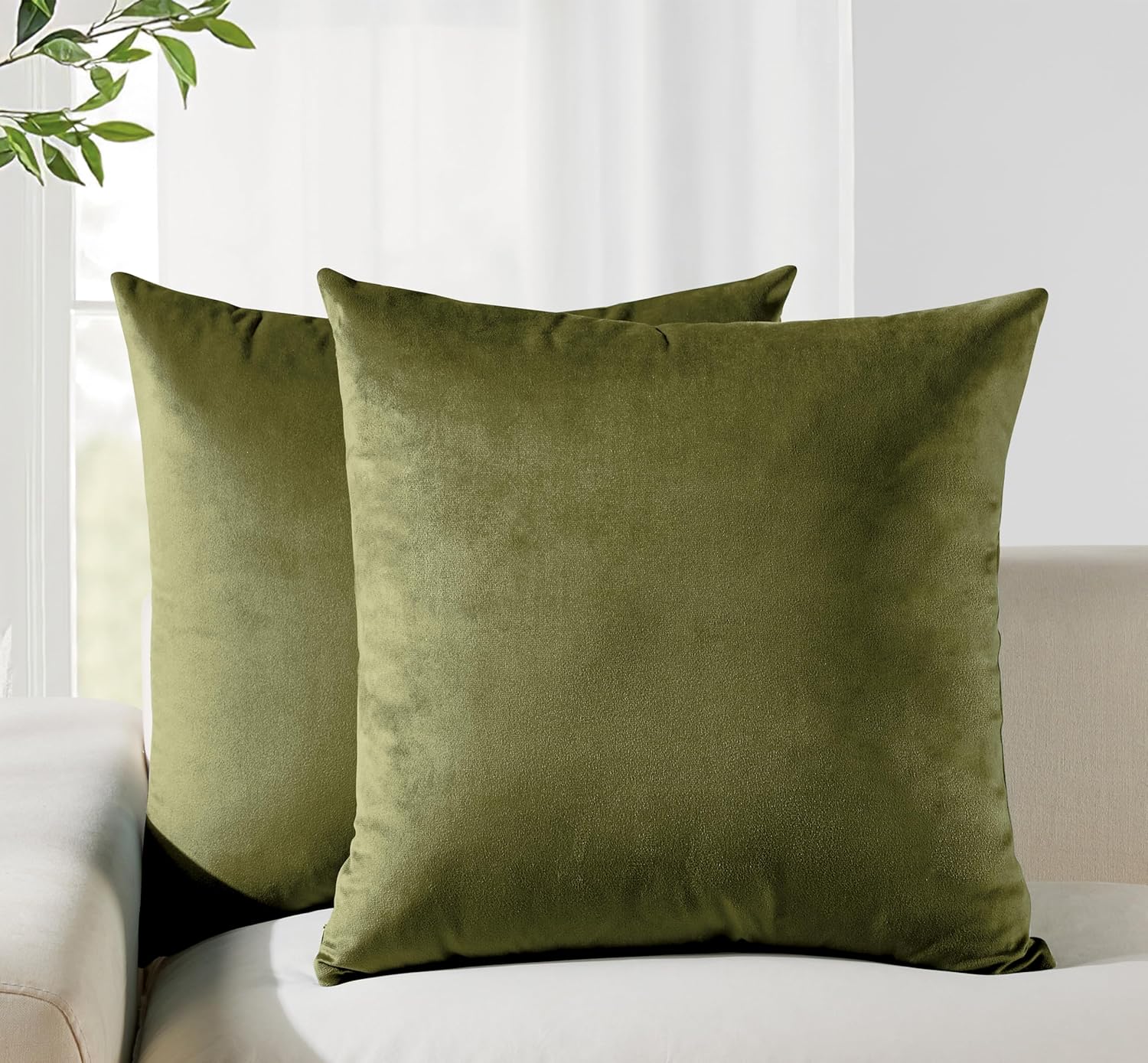 V439-VEL-OLIVE-45-202506190403-00 Twin-Pack Velvet Cushion Covers - Soft Microfibre Cushion Covers with Hidden Zipper (Olive Green, 45cm*45cm) - Image 1