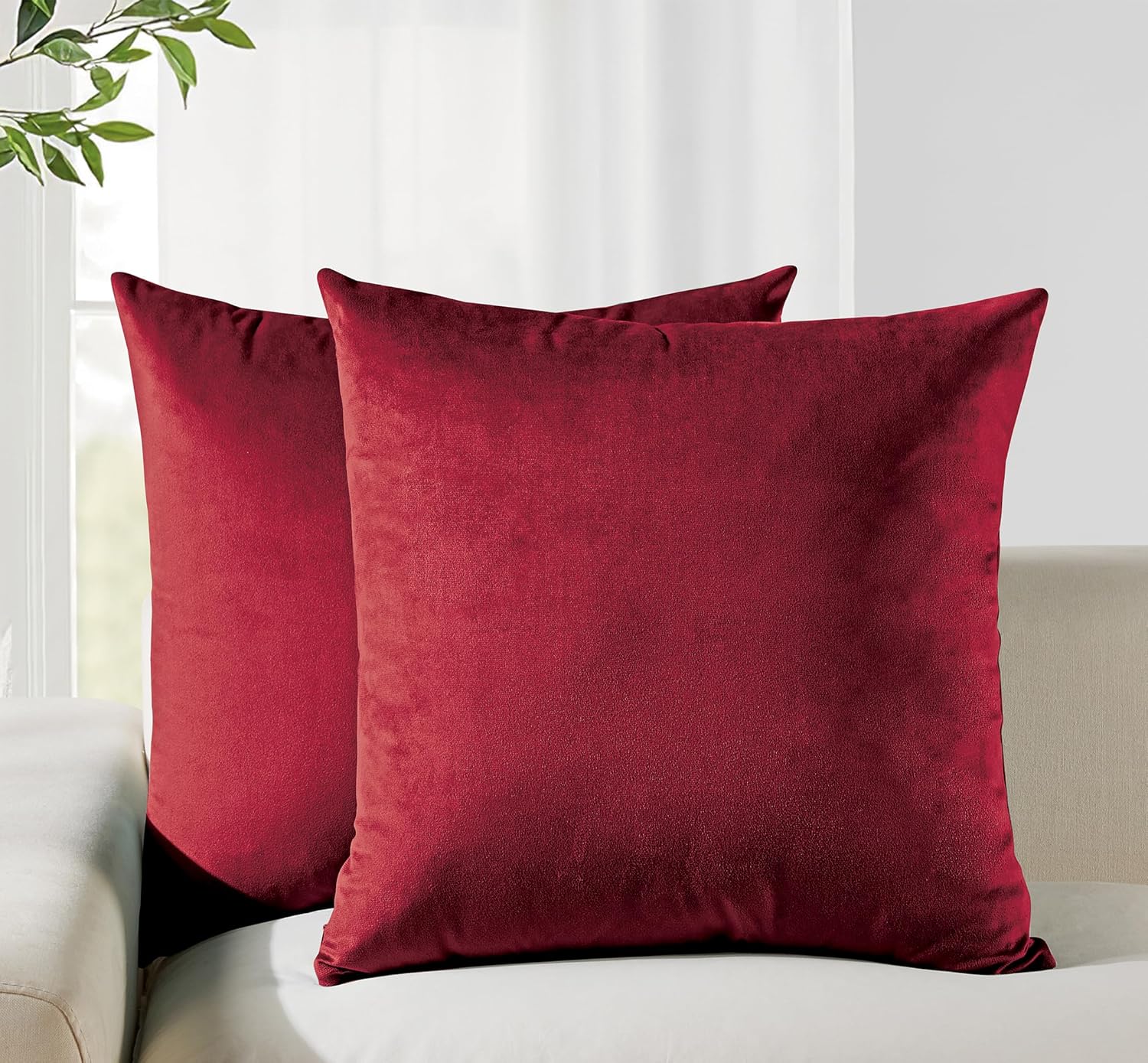 V439-VEL-RED-65-202506190350-00 Twin-Pack Velvet Cushion Covers - Soft Microfibre Cushion Covers with Hidden Zipper (Red, 65cm*65cm) - Image 1