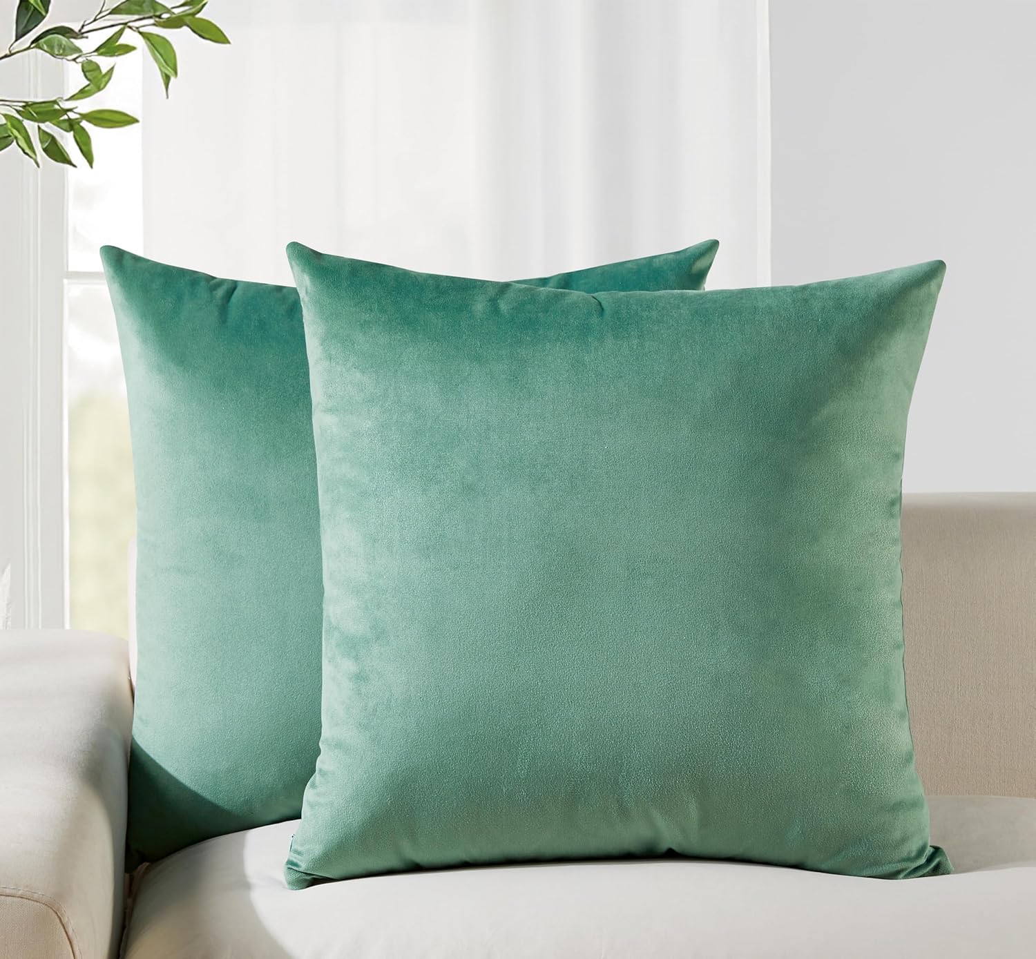 V439-VEL-SAGE-45-202506190410-00 Twin-Pack Velvet Cushion Covers - Soft Microfibre Cushion Covers with Hidden Zipper (Sage, 45cm*45cm) - Image 1