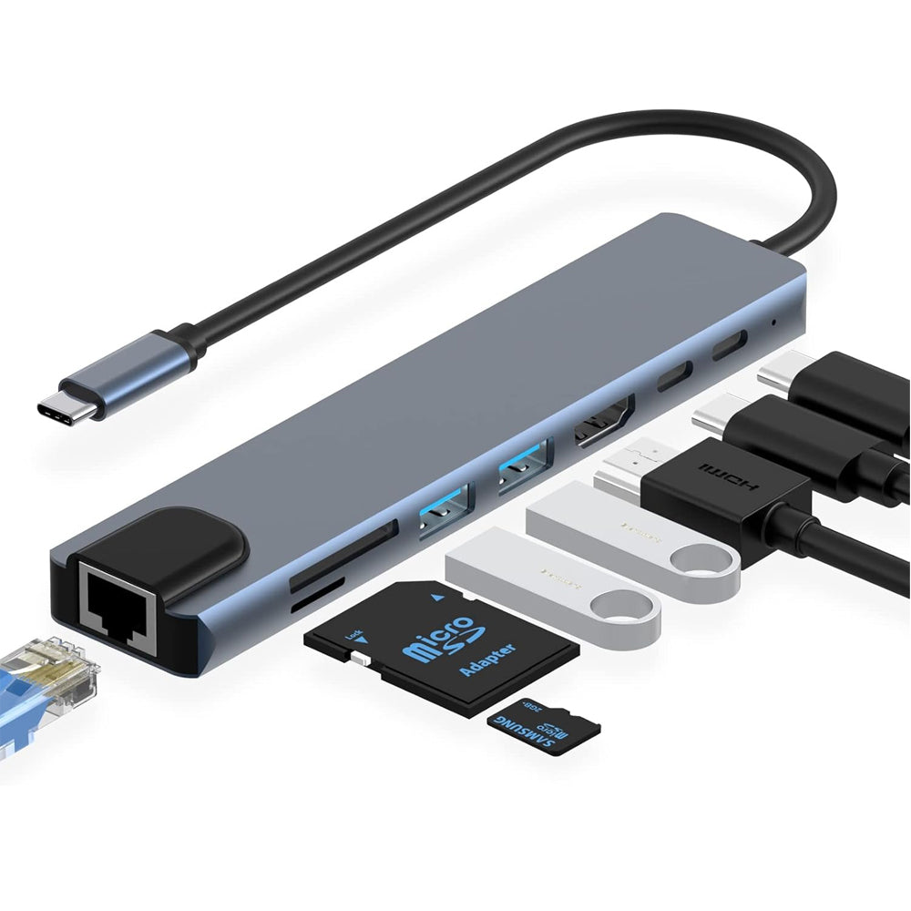 V462-MD-165-01-202508081106-00 8in1 Hub USB-C To Type-C USB 3.0 4K HDMI RJ45 Ethernet SD TF OTG PD Port Adapter - Image 1