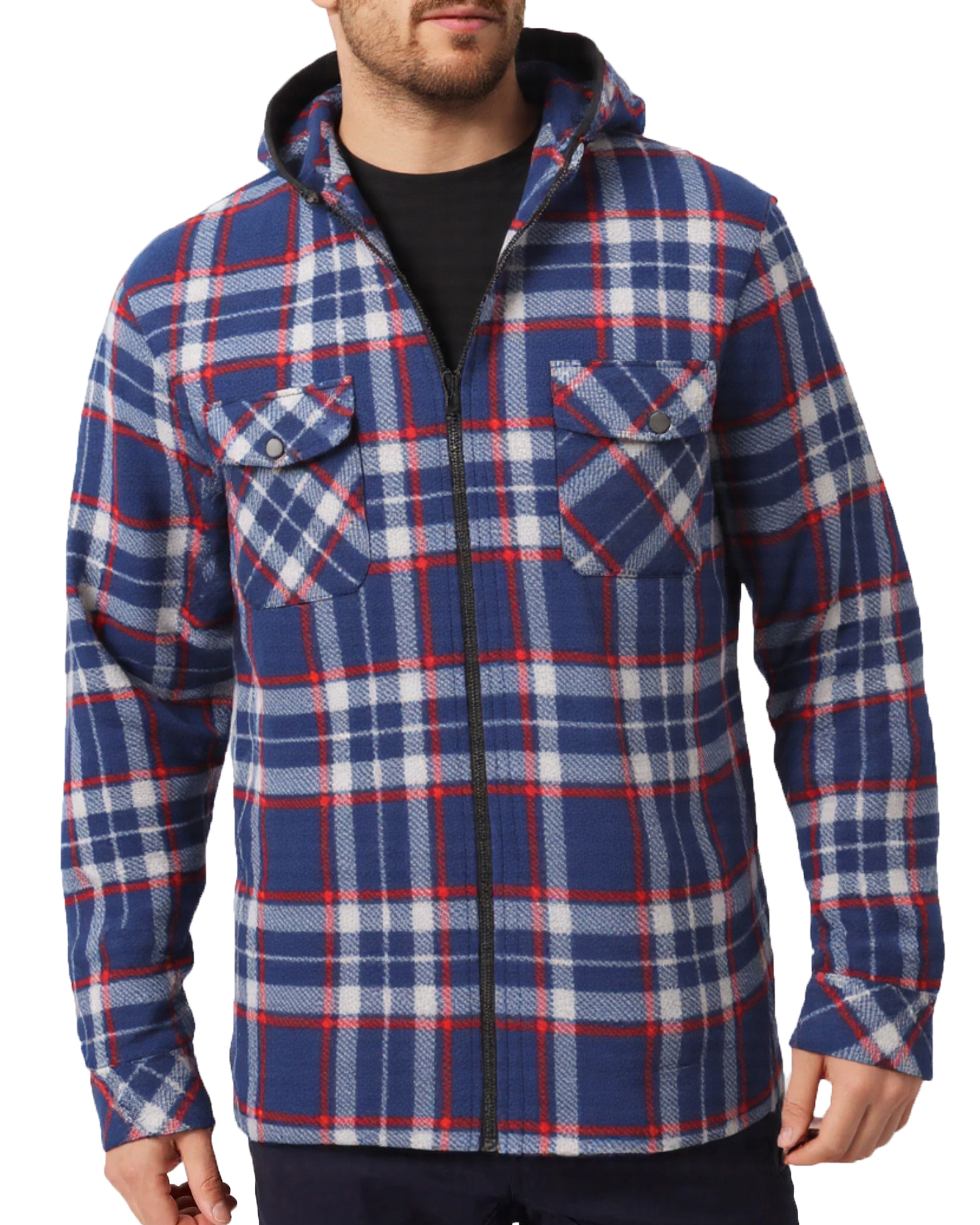 V474-738333-202507050135-00 Men's Hooded Flannel Jacket Flannelette Plaid Fleece Shirt Zip Up Winter Coat, Blue, M - Image 1