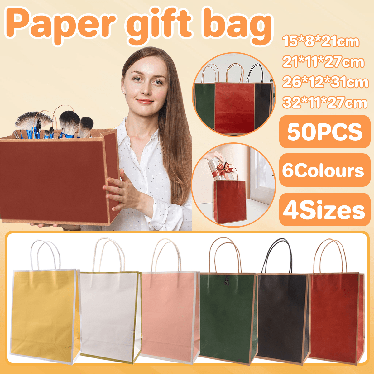 V528-BAG-50PCS-26-12-31-SHD-168652-202510010209-00 Gift Kraft Paper Bags for Packaging and Takeaway 50PCS - Red-31*26*12cm - Image 1