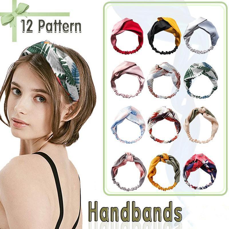V528-BAND-Z3109-BEIGR-946196-202509301654-00 Women Chiffon Floral Print Headband Fashion Bohemian Elastic Cross Hair Bands - Beige+Green - Image 1