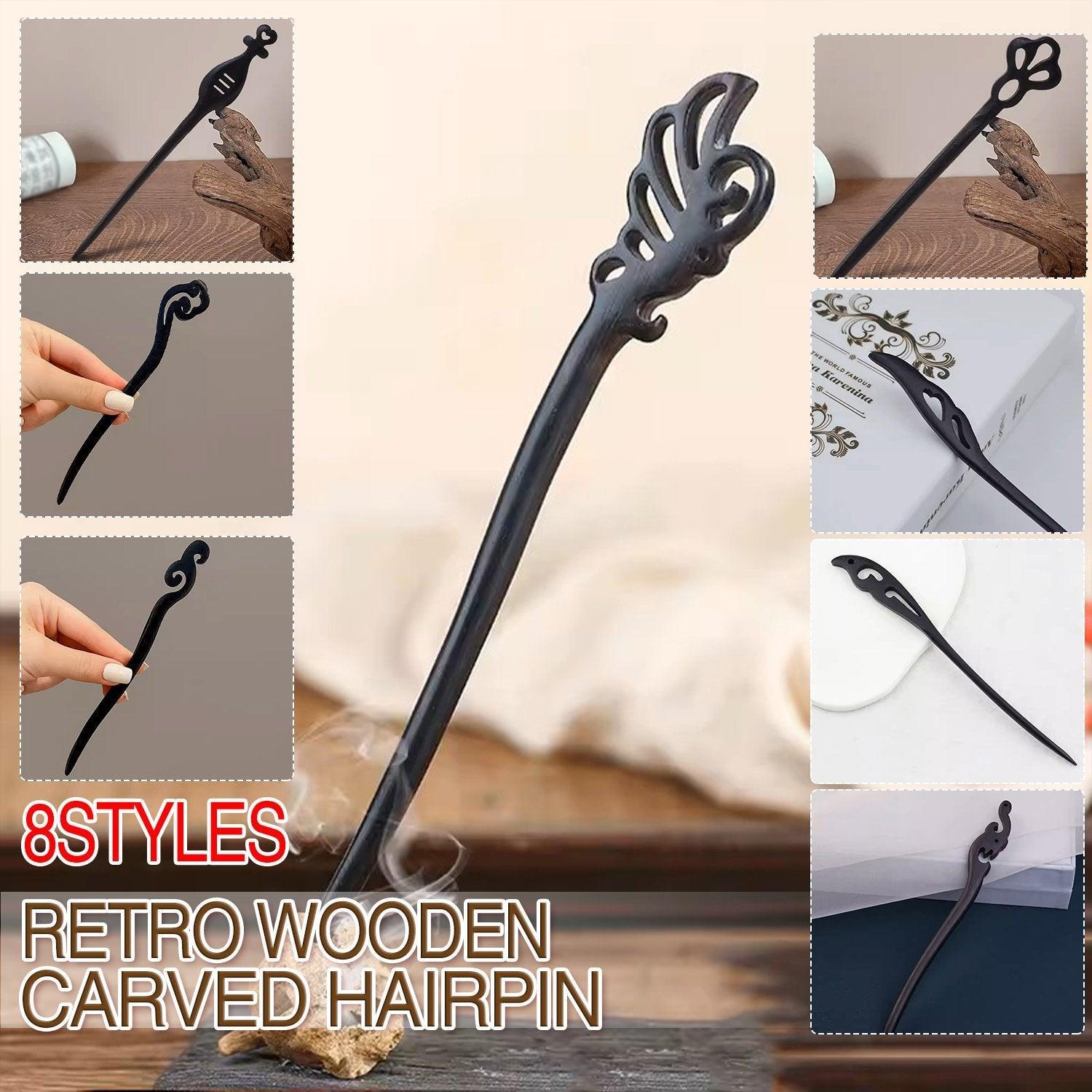 V528-BL-H37470-202510011000-00 Retro Wooden Carved Hair Sticks Women Hairpin Barrette Chopsticks Accessories - H - Image 1