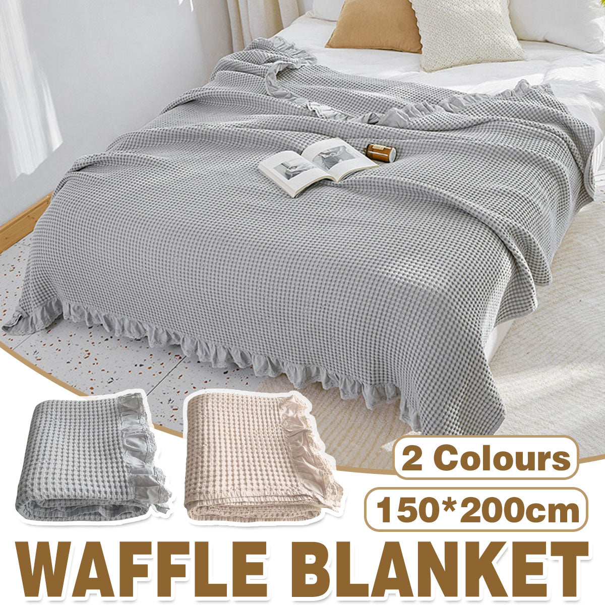 V528-BLANKET-BEIGE-150-200-674026-202510010345-00 Waffle Sofa Blanket Thin Lightweight Throw Soft Cover Couch Bed Living Room Use - Beige - Image 1