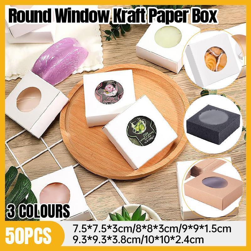 V528-BOX-50PCS-WHITE-93-93-38-260852-202509301554-00 50PCS Handmade Soap Paper Box Round Window Kraft Black White Candy Biscuit Box - White-50pcs 9.3*9.3*3.8CM - Image 1