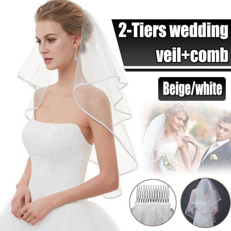V528-BRIDALWEDDING-WHITE-930311-202509301836-00 Bridal 2 Layer Wedding Veil with Comb Satin Edge Short Tulle for Women White Ivory - White - Image 1