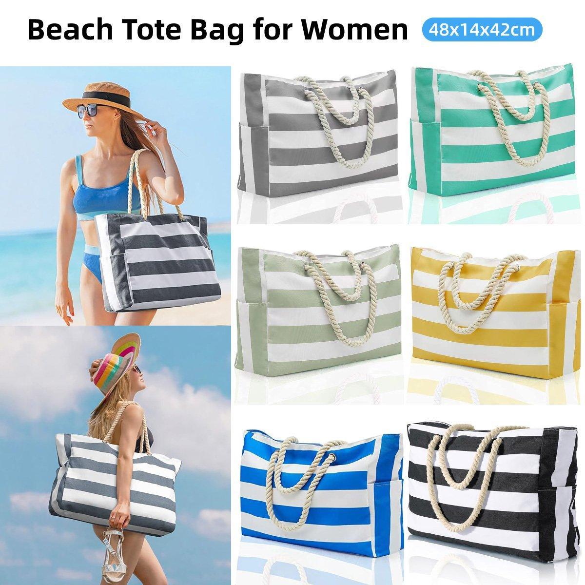 V528-CANVAS-BAG-GREY-283356-202509301327-00 Large Bohemian Striped Canvas Beach Bag Zipper Tote for Travel Outdoor Vacation - Grey - Image 1